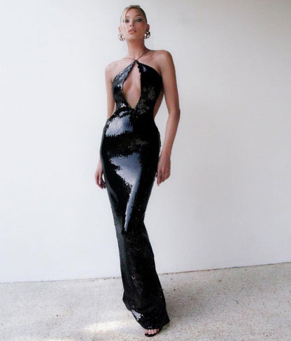 black sequin gown