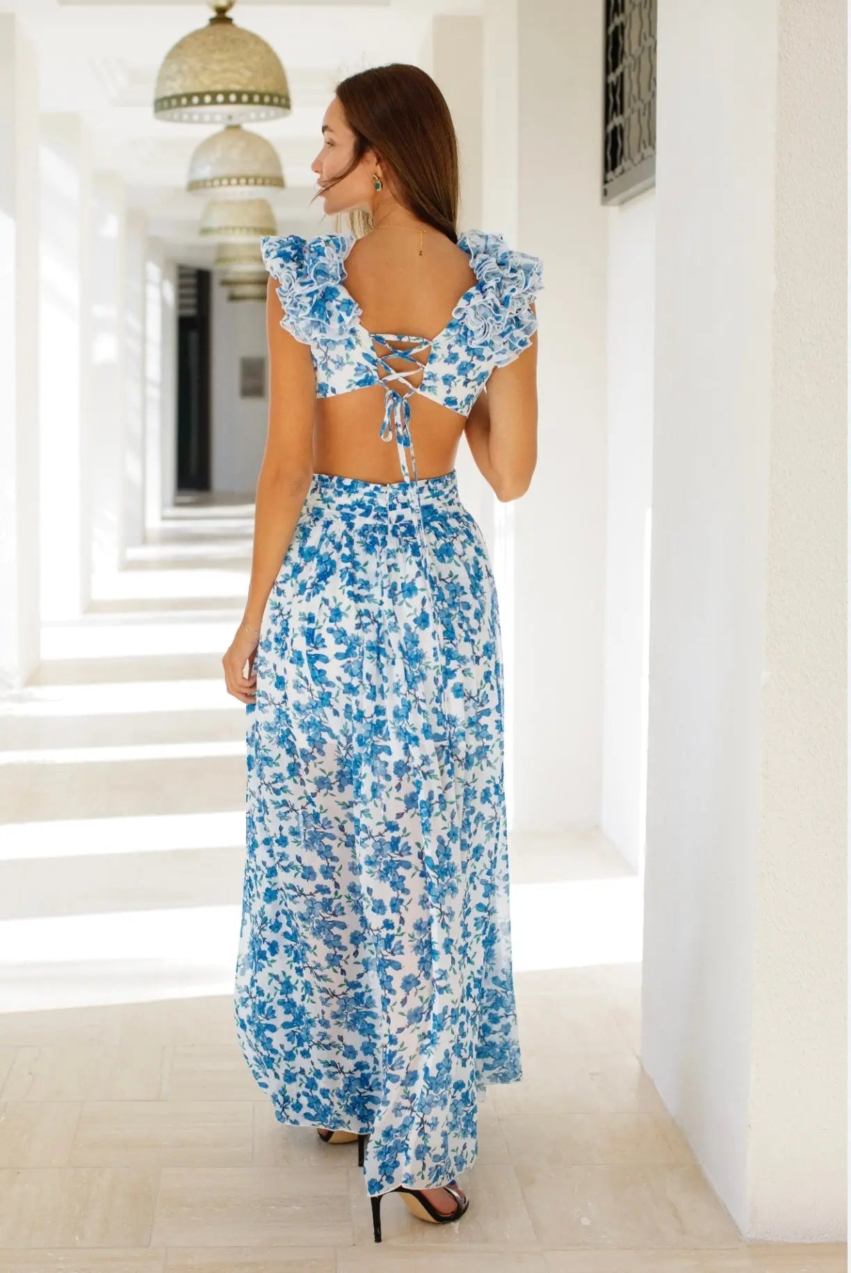 blue cut out maxi dress