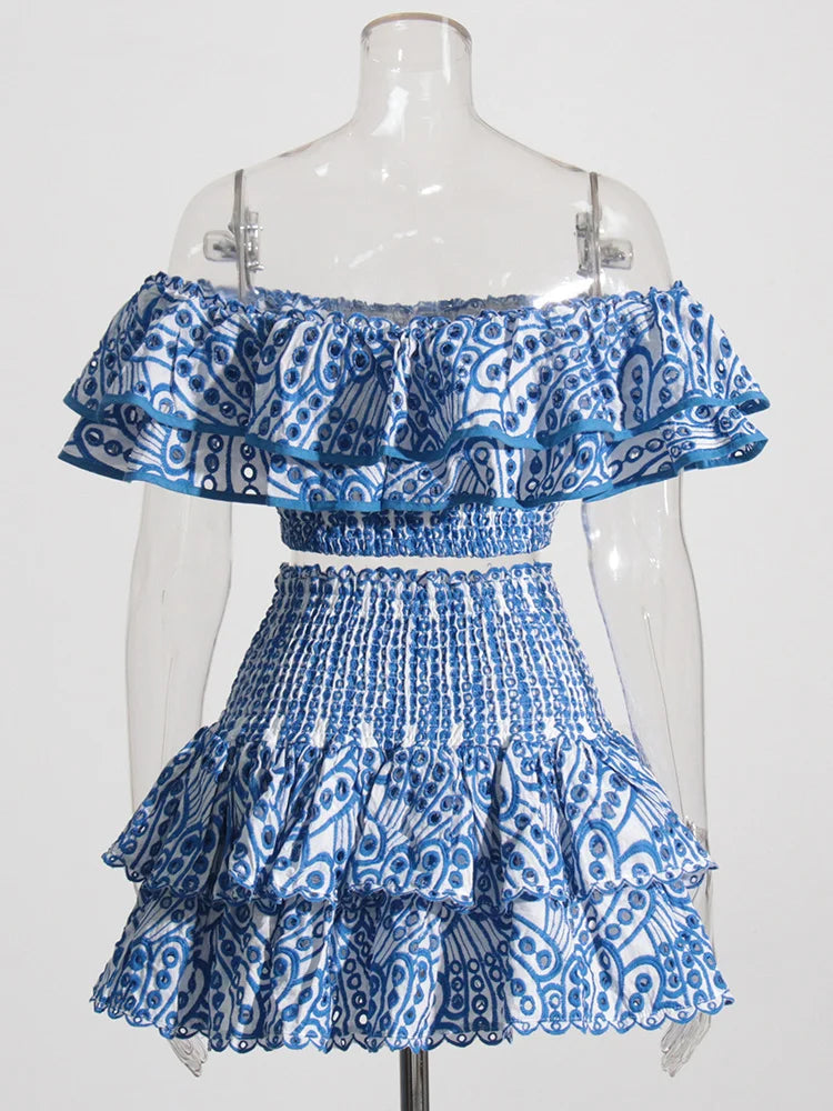 blue two piece skirt set