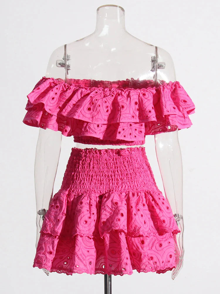 pink matching off shoulder top and skirt set